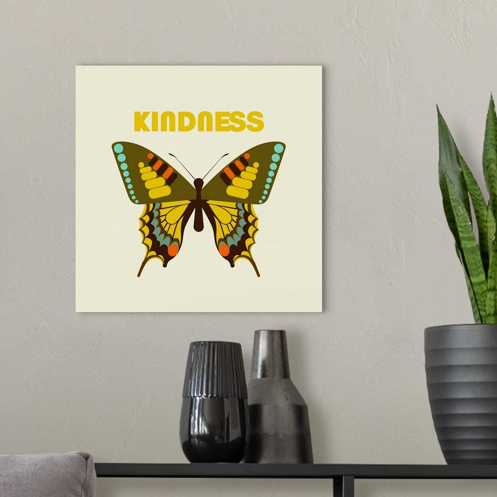 A modern room featuring A modern illustration of butterfly and the text 'Kindness' with a white border.