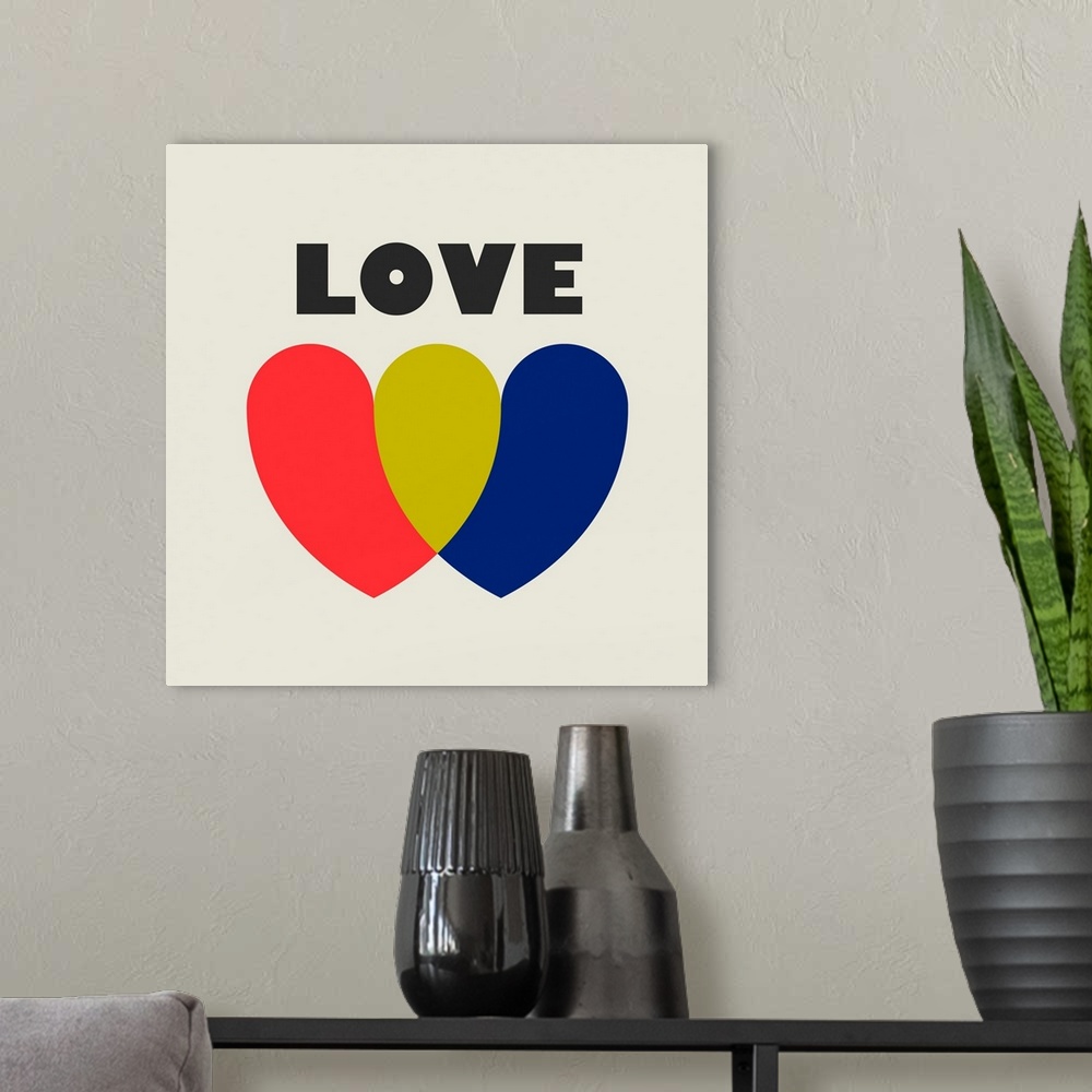 A modern room featuring A modern illustration of two hearts and the text 'Love' with a white border.