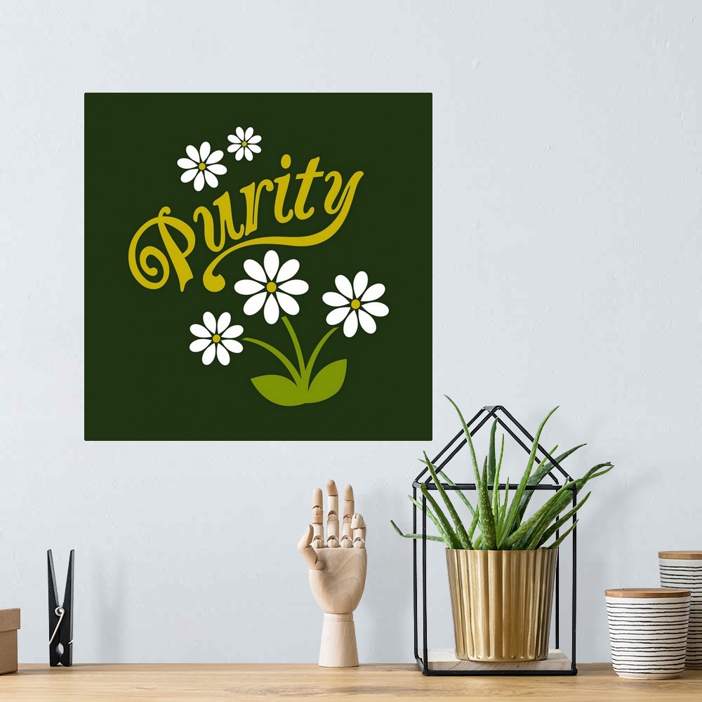 A bohemian room featuring A modern illustration of white daisies and the text 'Purity' with a white border.