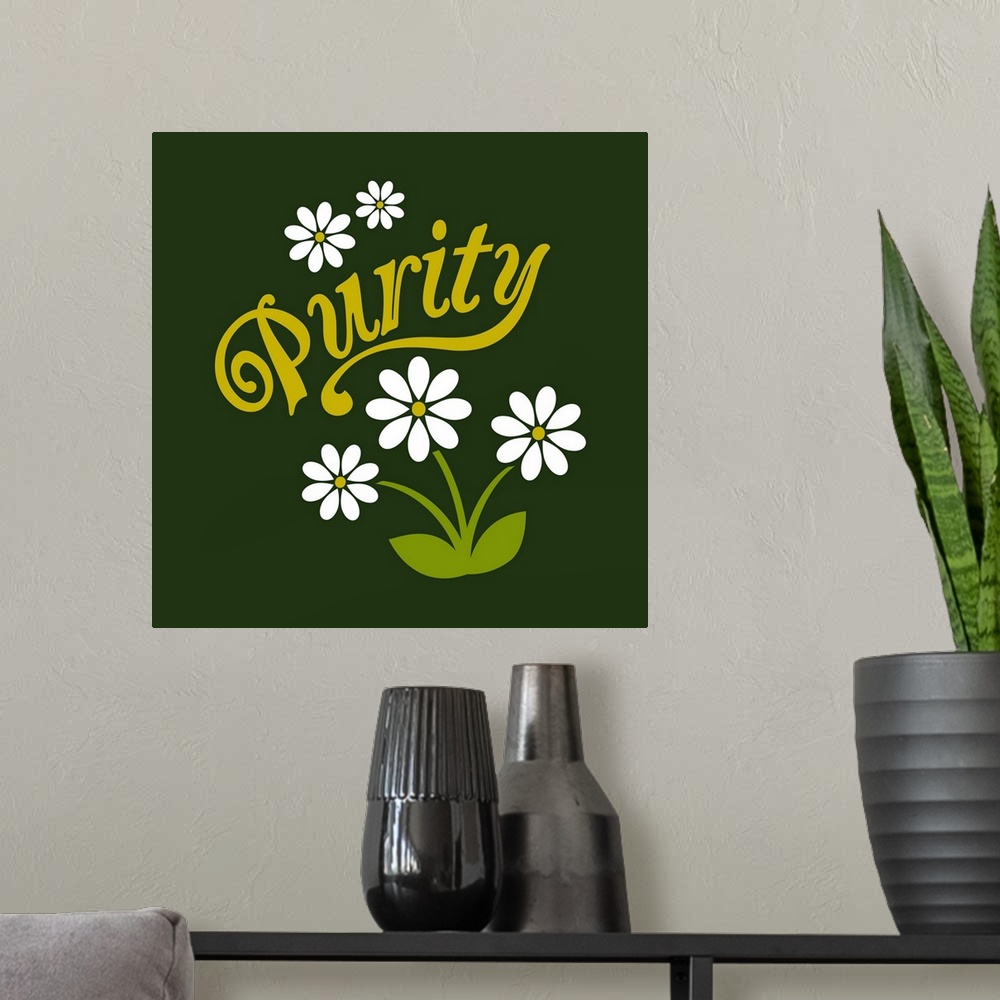 A modern room featuring A modern illustration of white daisies and the text 'Purity' with a white border.