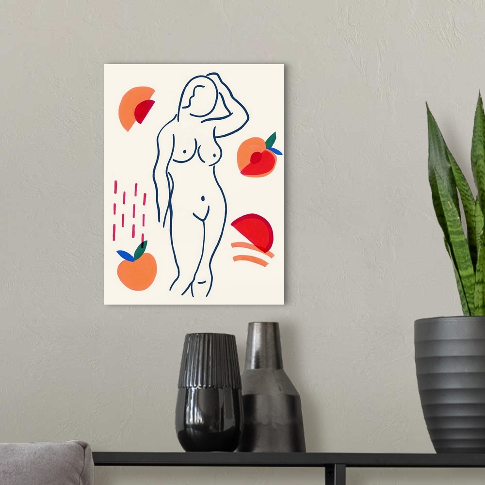 A modern room featuring Woman and Peaches