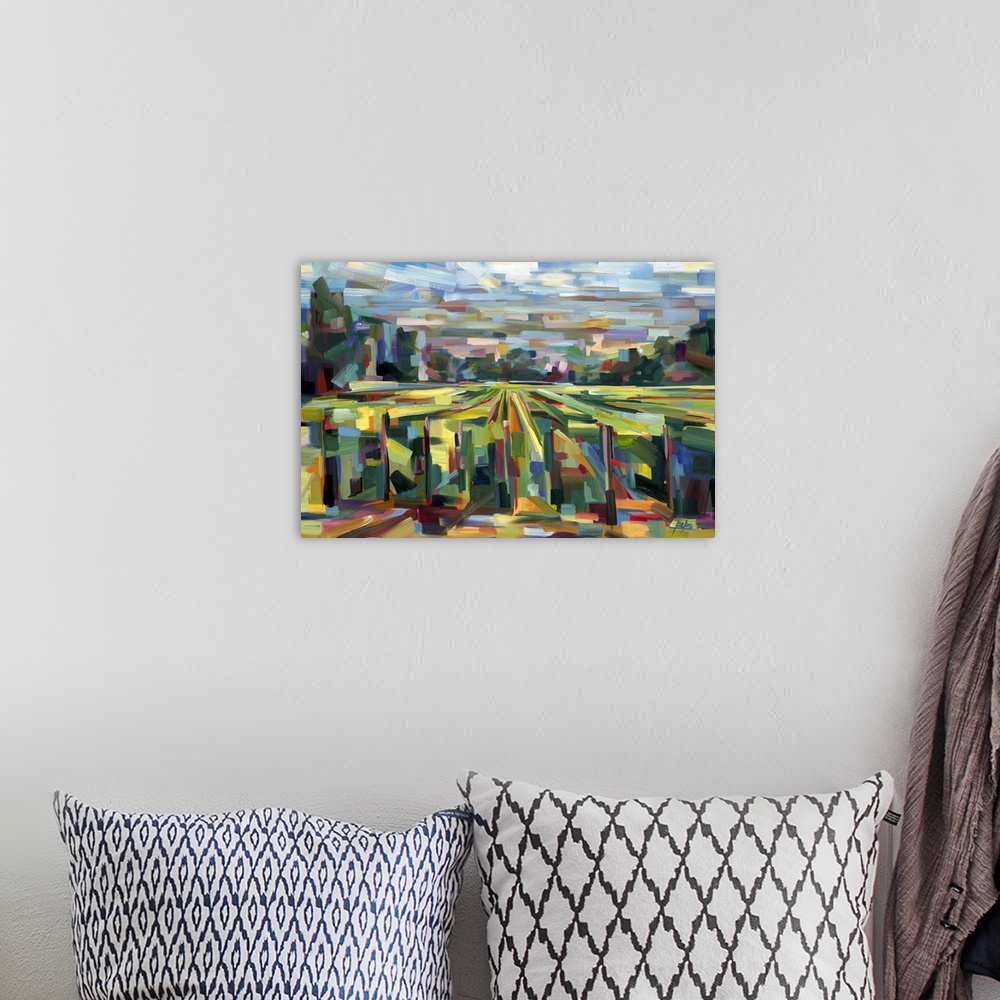 A bohemian room featuring Contemporary abstract painting of a countryside landscape deconstructed into geometric shapes.