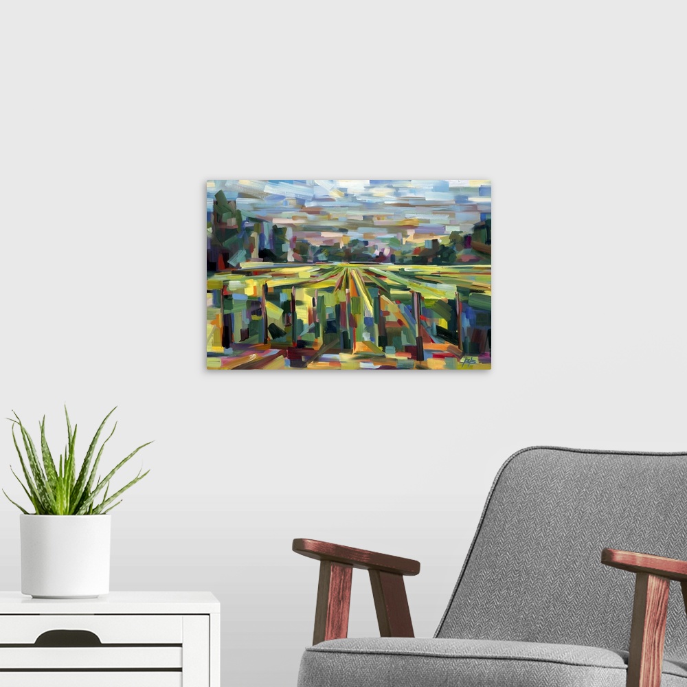 A modern room featuring Contemporary abstract painting of a countryside landscape deconstructed into geometric shapes.