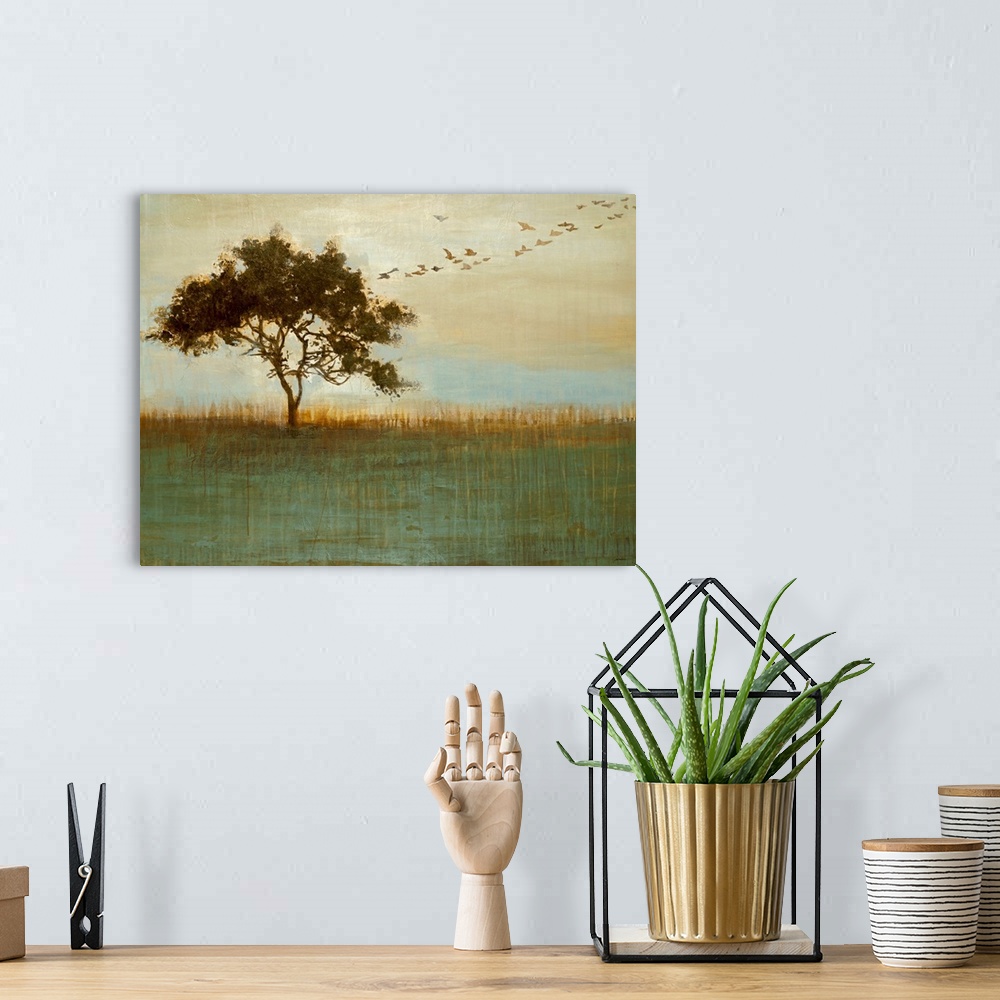 A bohemian room featuring Abstract painting of a tree in a field with birds flying out of it with a grungy texture layered ...