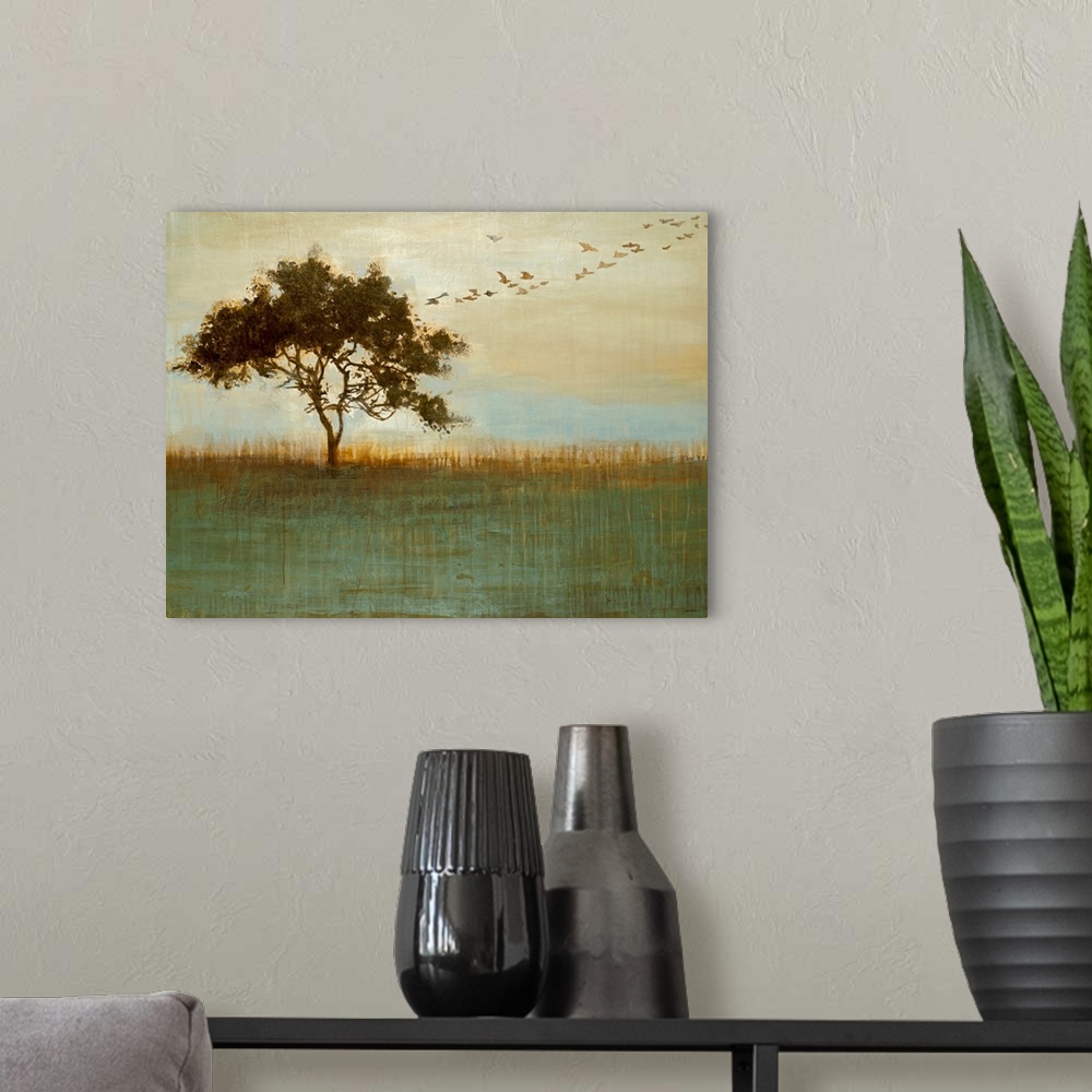 A modern room featuring Abstract painting of a tree in a field with birds flying out of it with a grungy texture layered ...