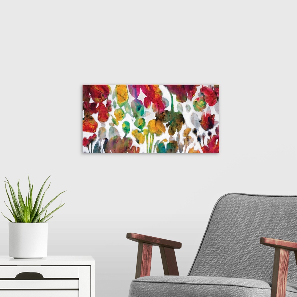 A modern room featuring Contemporary panoramic painting of floral silhouettes filled with watercolor.