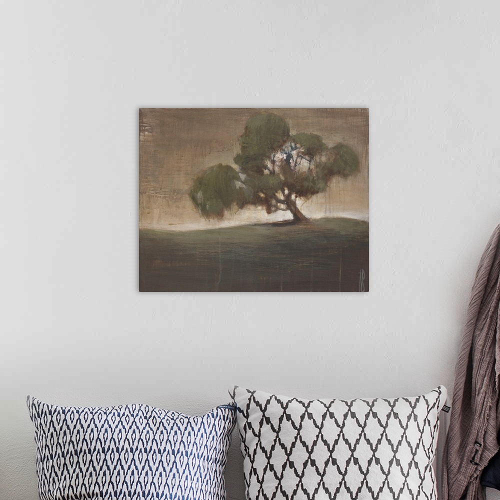A bohemian room featuring A contemporary painting of a lone tree leaning to its side on a grassy knoll.