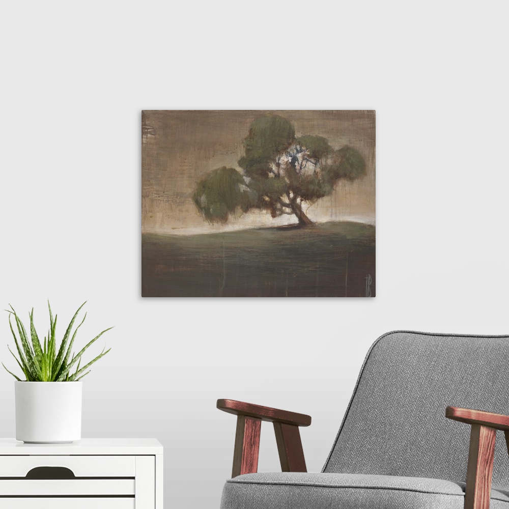 A modern room featuring A contemporary painting of a lone tree leaning to its side on a grassy knoll.