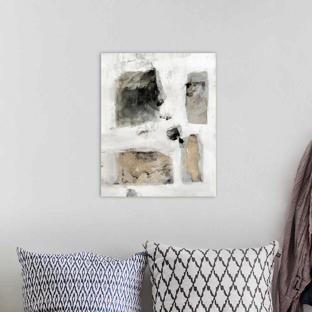 A bohemian room featuring A masculine contemporary abstract painting featuring rectangular shapes in neutral tones on a mut...