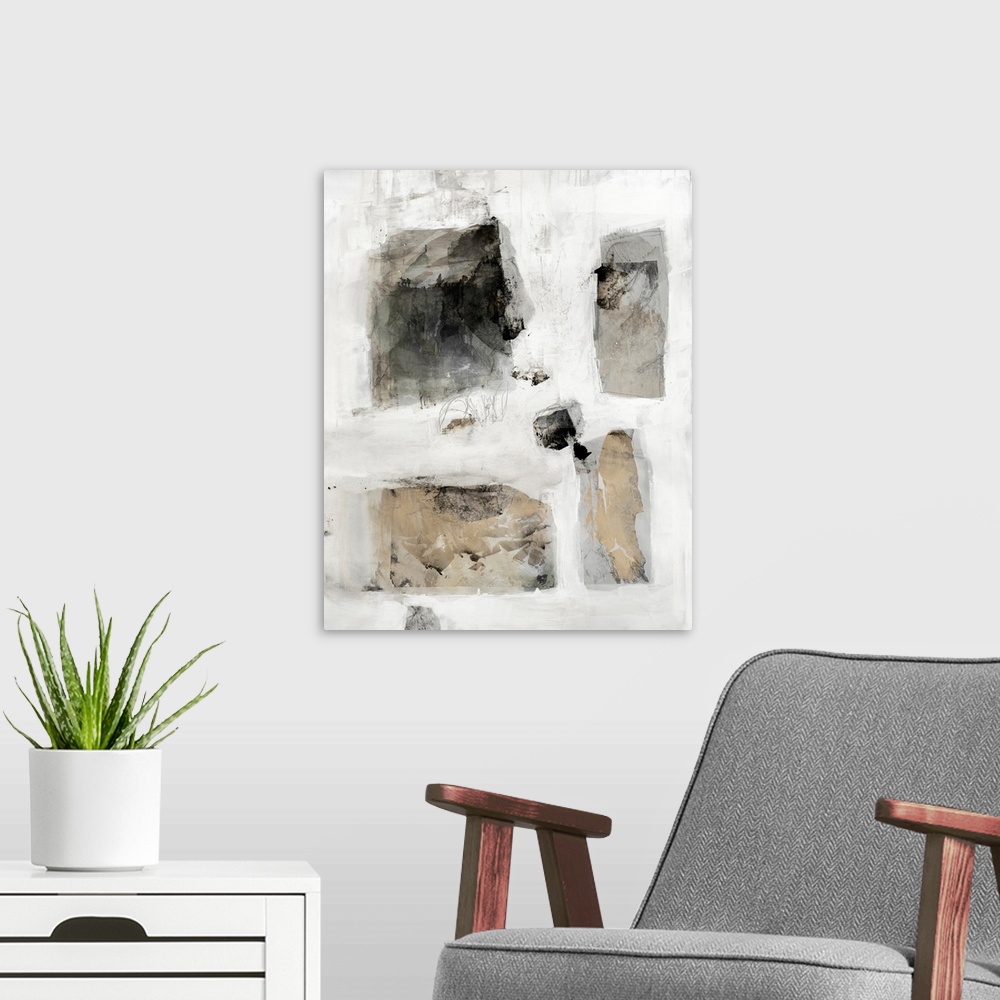 A modern room featuring A masculine contemporary abstract painting featuring rectangular shapes in neutral tones on a mut...