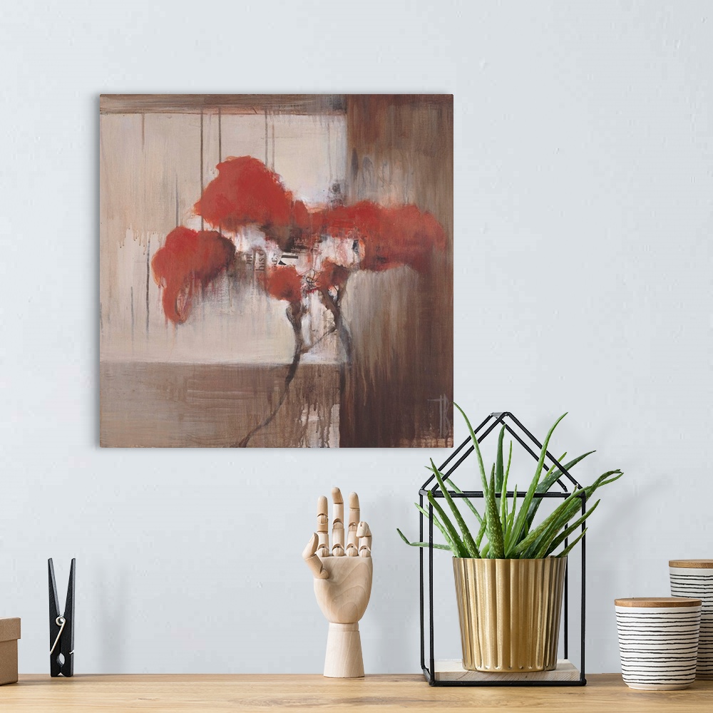 A bohemian room featuring Contemporary painting of red flowers against a muted earthy toned background.