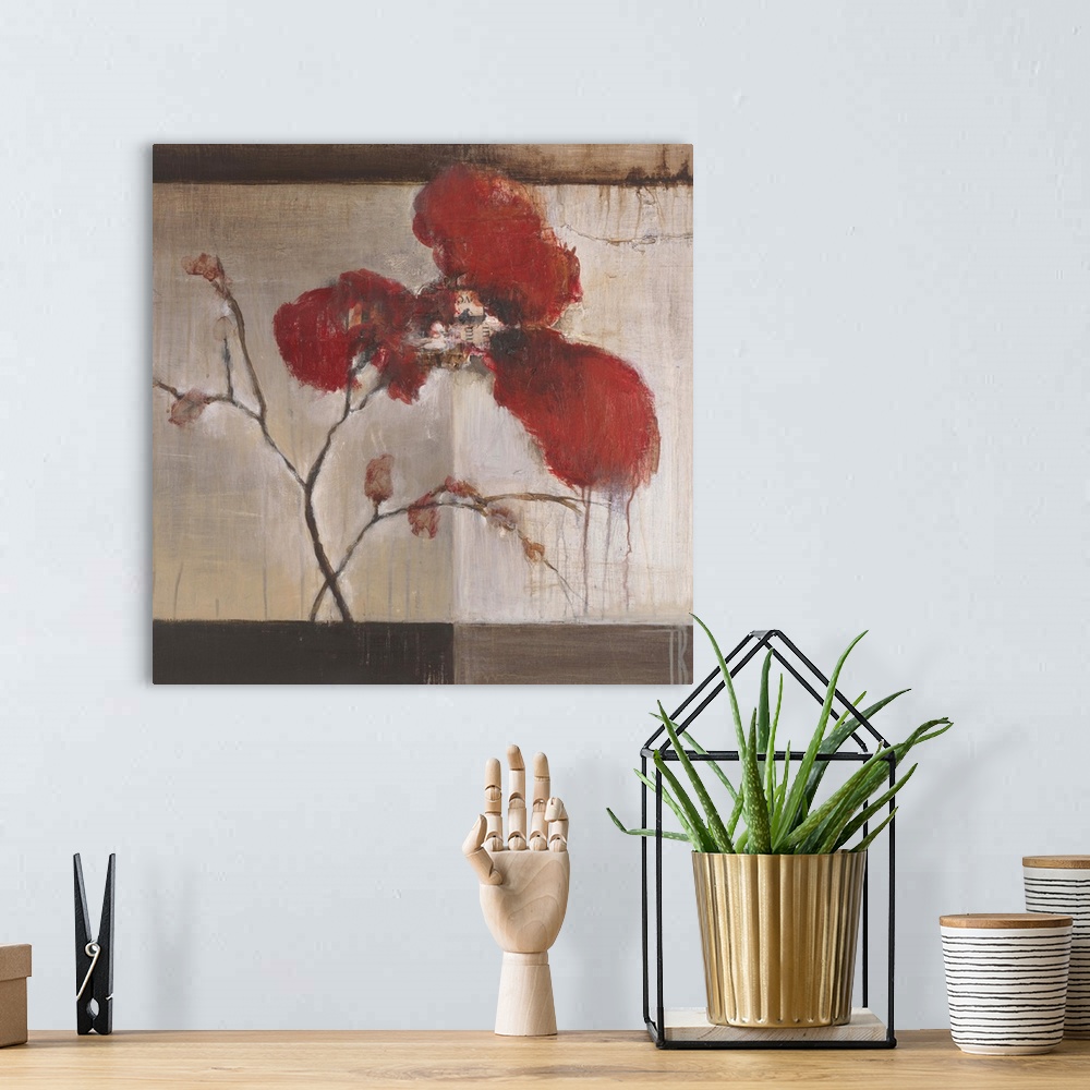 A bohemian room featuring Contemporary painting of red flowers against a muted earthy toned background.