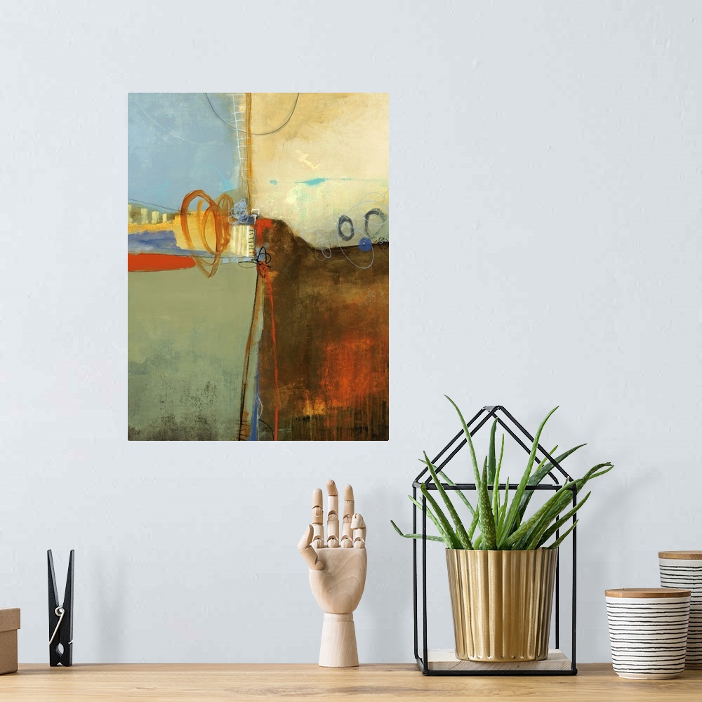 A bohemian room featuring Abstract artwork that has four different blocks of colors in each corner of the piece. Swirls and...