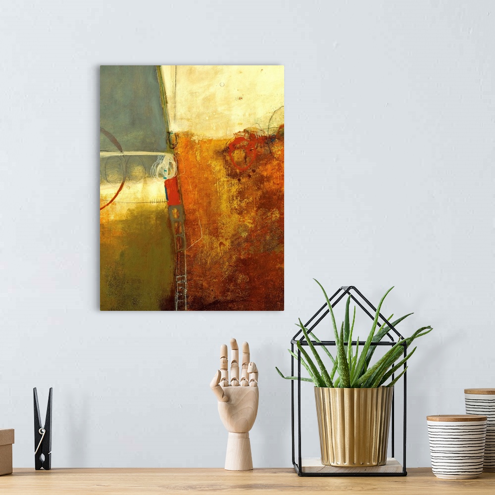 A bohemian room featuring Vertical, abstract, large artwork for a living room or office of large, split blocks of patchy ea...