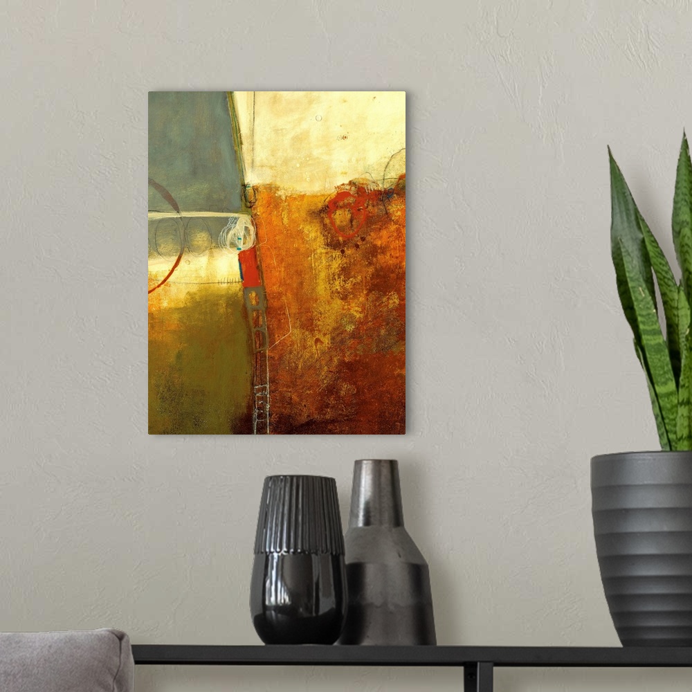 A modern room featuring Vertical, abstract, large artwork for a living room or office of large, split blocks of patchy ea...
