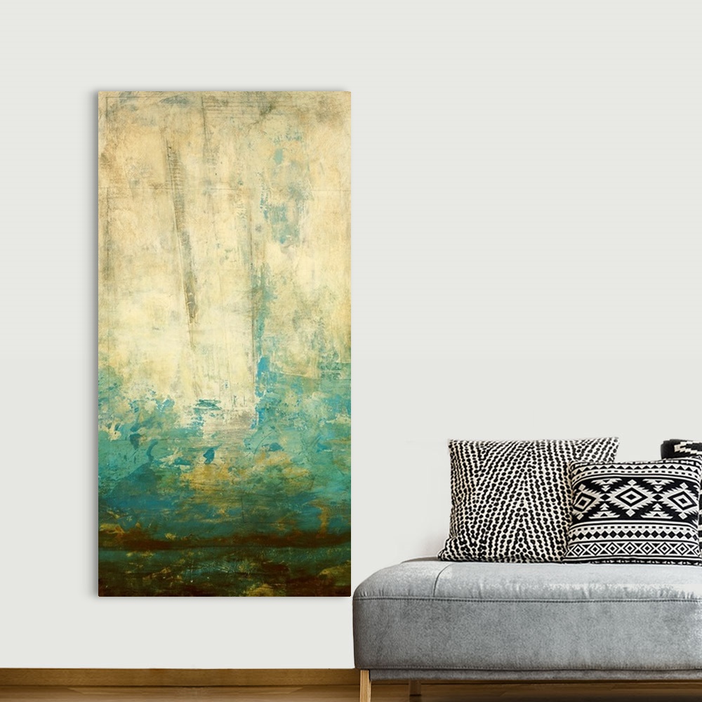 A bohemian room featuring Panoramic abstract art includes a base of earth tones followed by a layer of cool tones that fade...