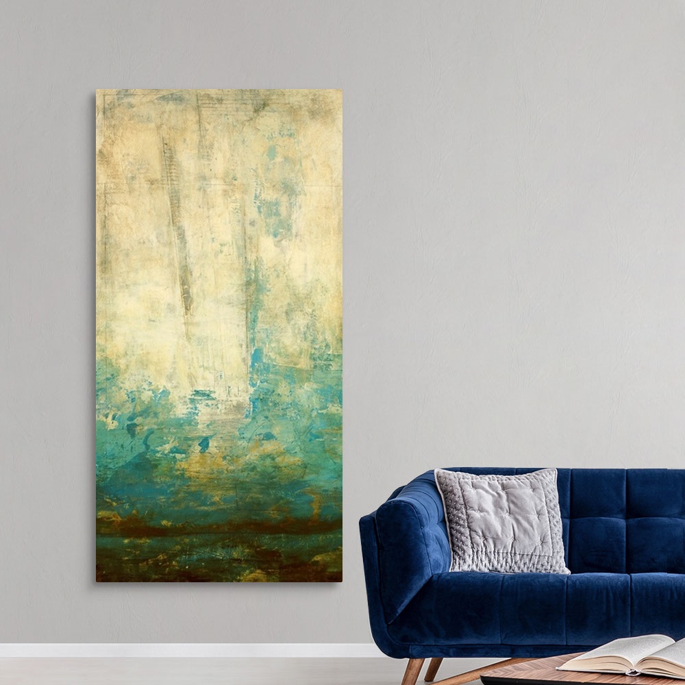 A modern room featuring Panoramic abstract art includes a base of earth tones followed by a layer of cool tones that fade...