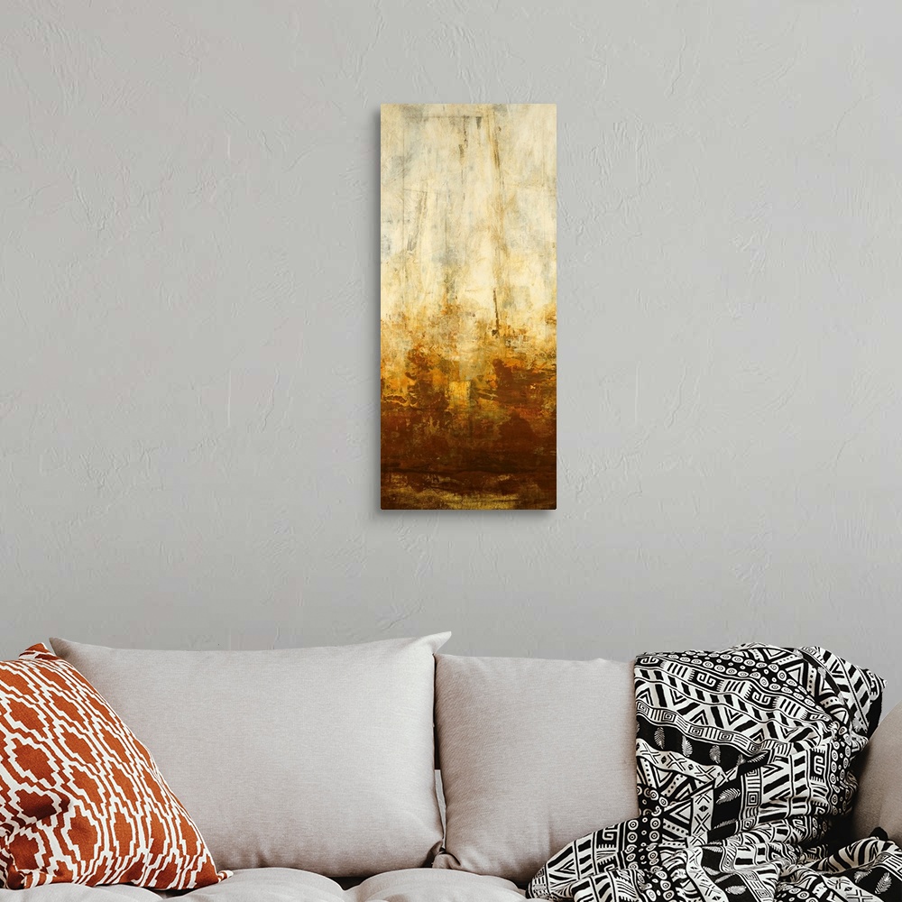 A bohemian room featuring Panoramic abstract art incorporates a distressed bare light background with a base of weathered r...