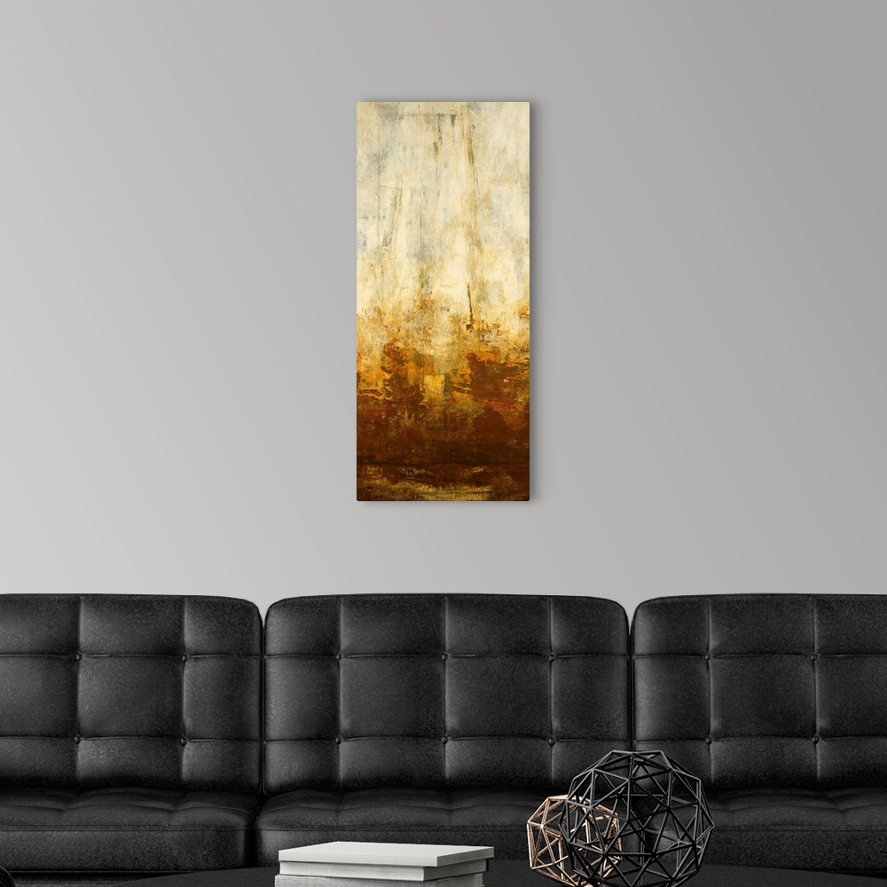 A modern room featuring Panoramic abstract art incorporates a distressed bare light background with a base of weathered r...