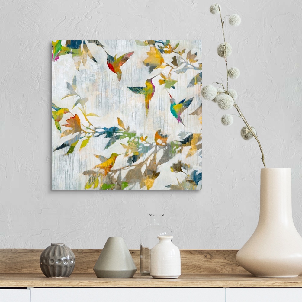 A farmhouse room featuring Contemporary abstract painting of a hummingbirds in multiple colors.