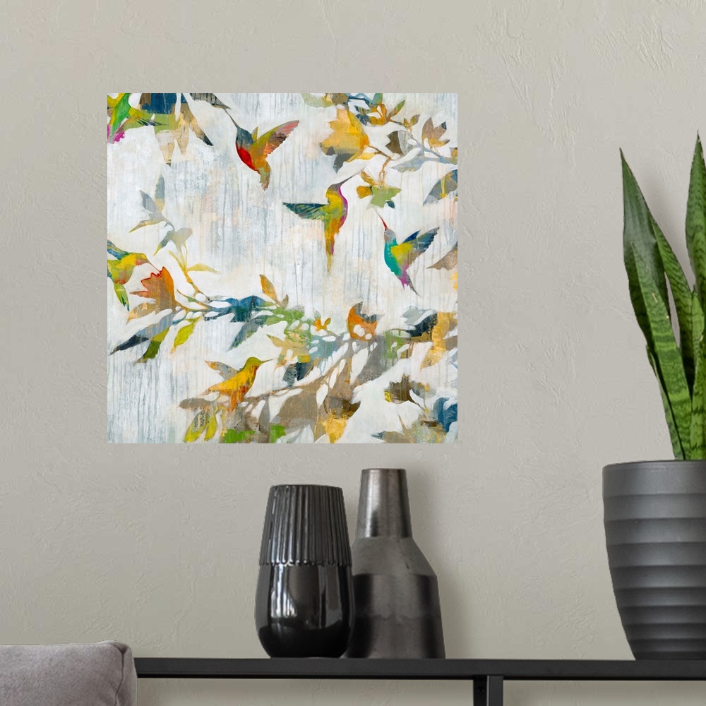 A modern room featuring Contemporary abstract painting of a hummingbirds in multiple colors.