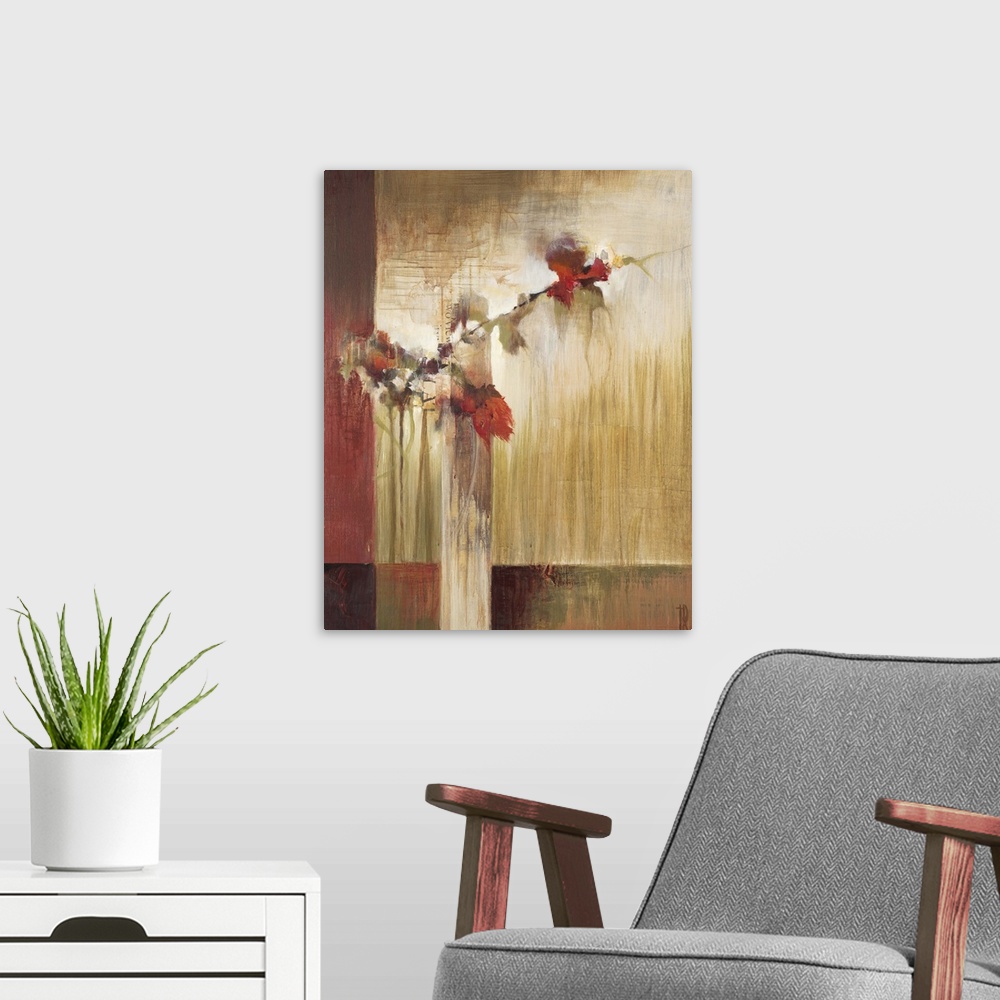 A modern room featuring Contemporary painting of red flowers on a branch against an abstract muted background.