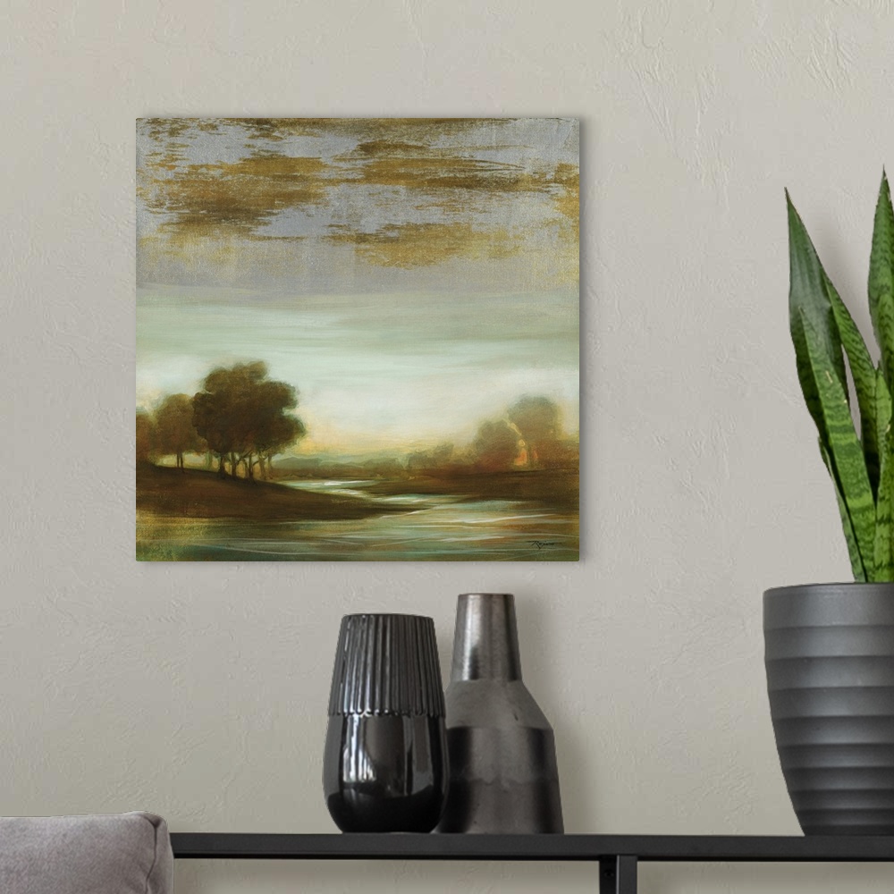 A modern room featuring Contemporary painting of an idyllic dark looking landscape with a winding river.