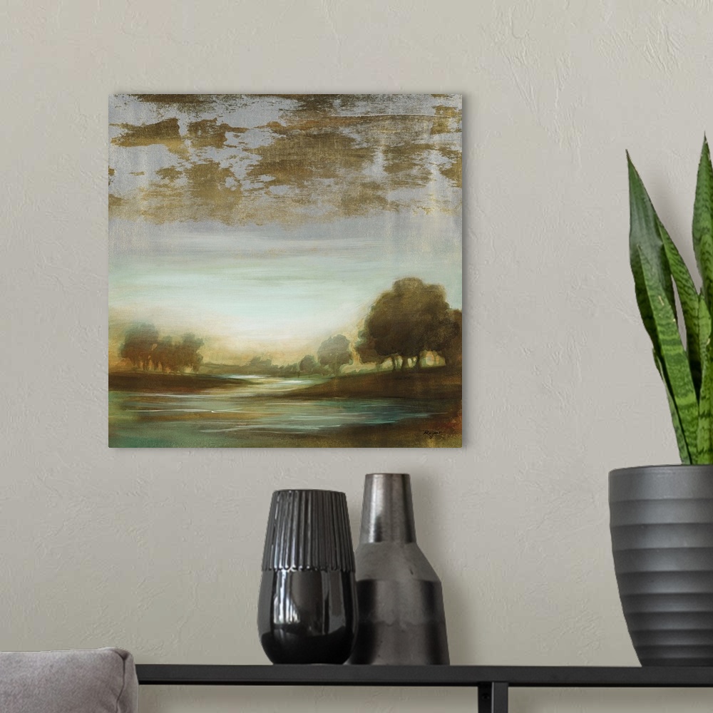 A modern room featuring Contemporary painting of an idyllic dark looking landscape with a winding river.