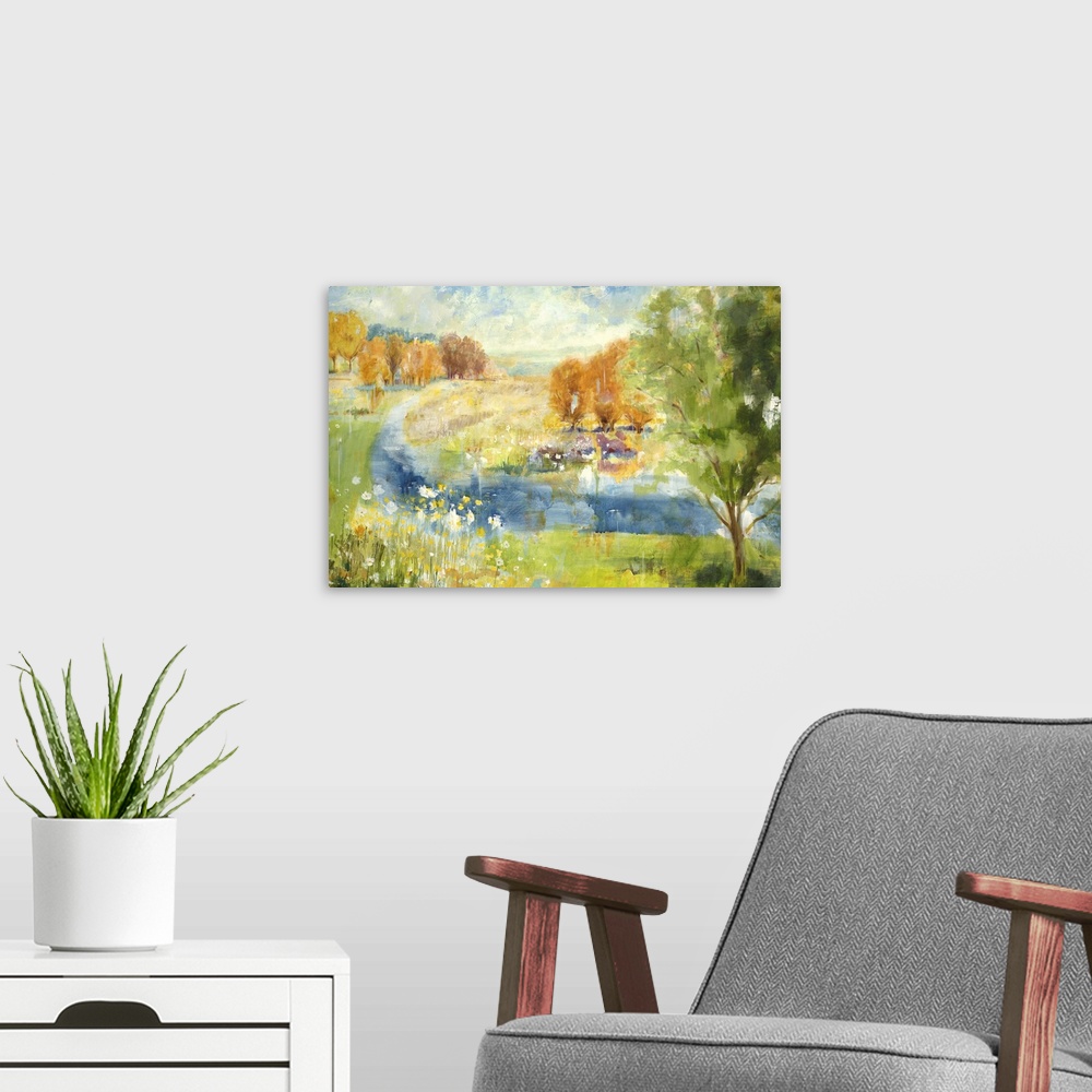 A modern room featuring Contemporary landscape painting looking out over countryside.