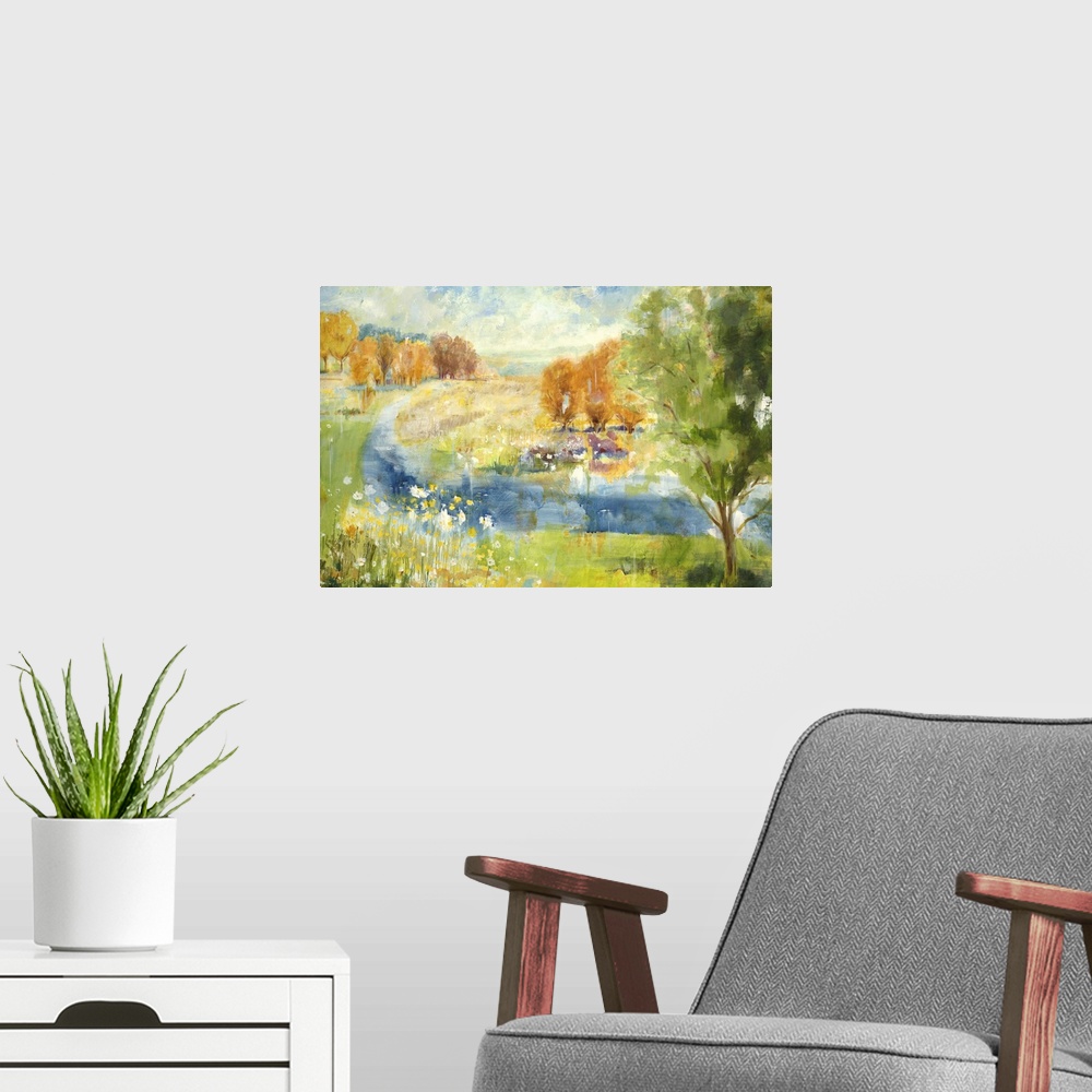 A modern room featuring Contemporary landscape painting looking out over countryside.