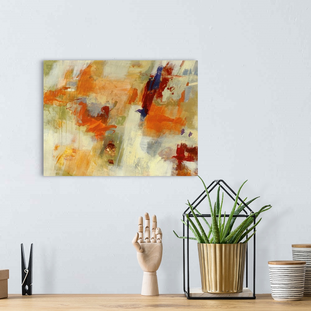 A bohemian room featuring Colorful contemporary abstract painting consisting of wide brush strokes and dripping painting.