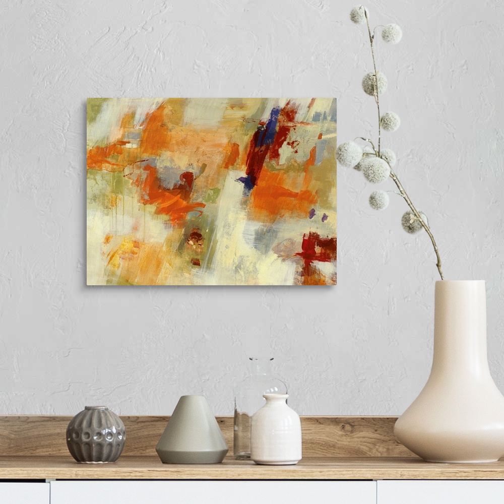 A farmhouse room featuring Colorful contemporary abstract painting consisting of wide brush strokes and dripping painting.