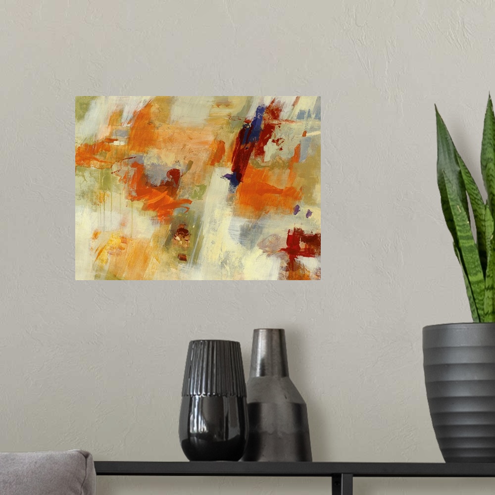 A modern room featuring Colorful contemporary abstract painting consisting of wide brush strokes and dripping painting.