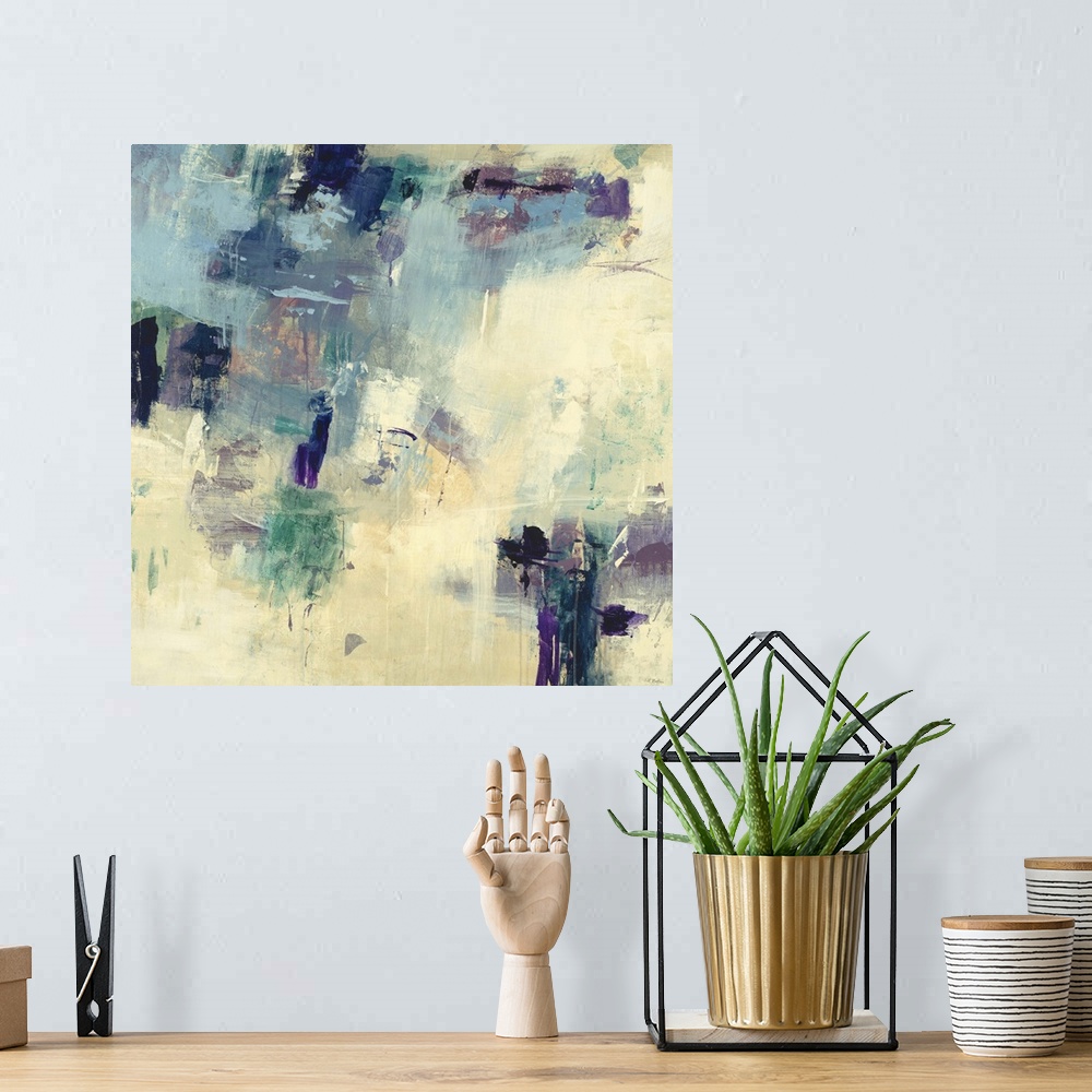 A bohemian room featuring Contemporary abstract painting using a balance of cream and dark blue and purple colors.