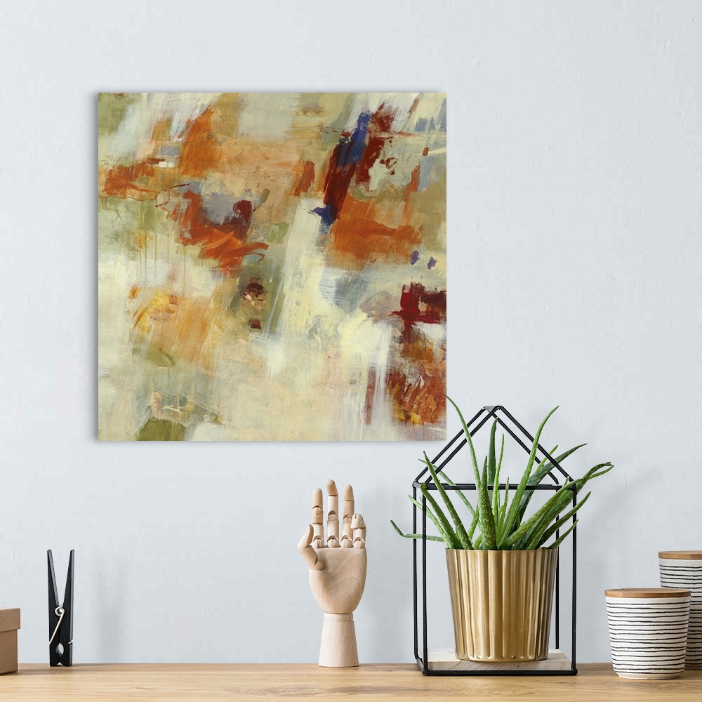 A bohemian room featuring Contemporary abstract painting using muted earthy tones.