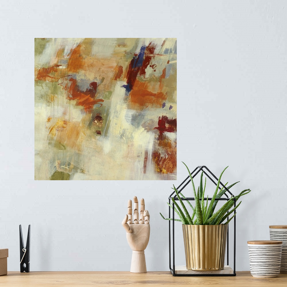 A bohemian room featuring Contemporary abstract painting using muted earthy tones.