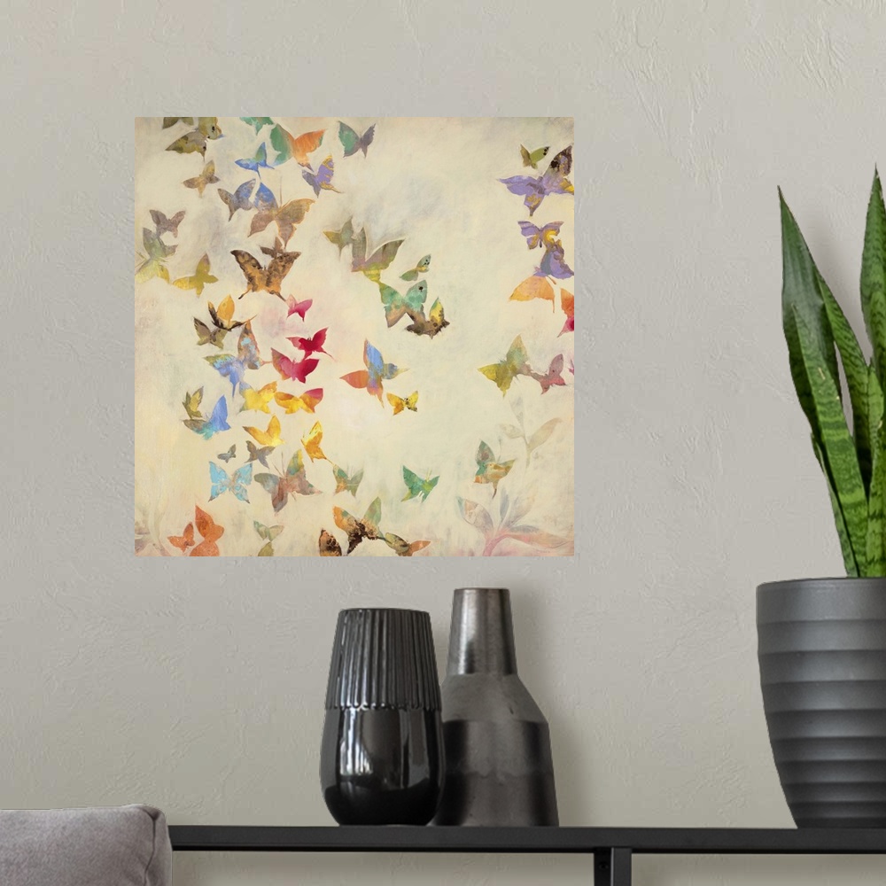 A modern room featuring Contemporary painting of fluttering butterflies in a spectrum of colors against a cream background.