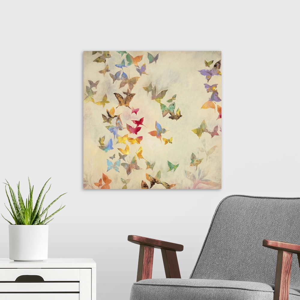 A modern room featuring Contemporary painting of fluttering butterflies in a spectrum of colors against a cream background.