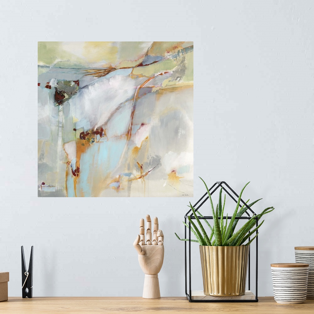 A bohemian room featuring Contemporary abstract painting of pale colors using in organic forms.