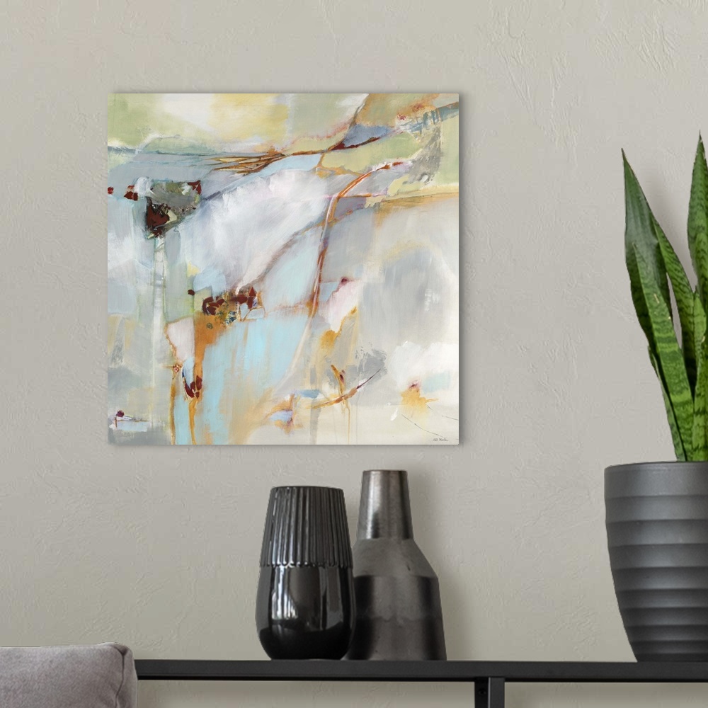 A modern room featuring Contemporary abstract painting of pale colors using in organic forms.