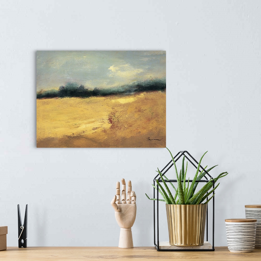 A bohemian room featuring Contemporary abstract painting resembling a rural landscape.