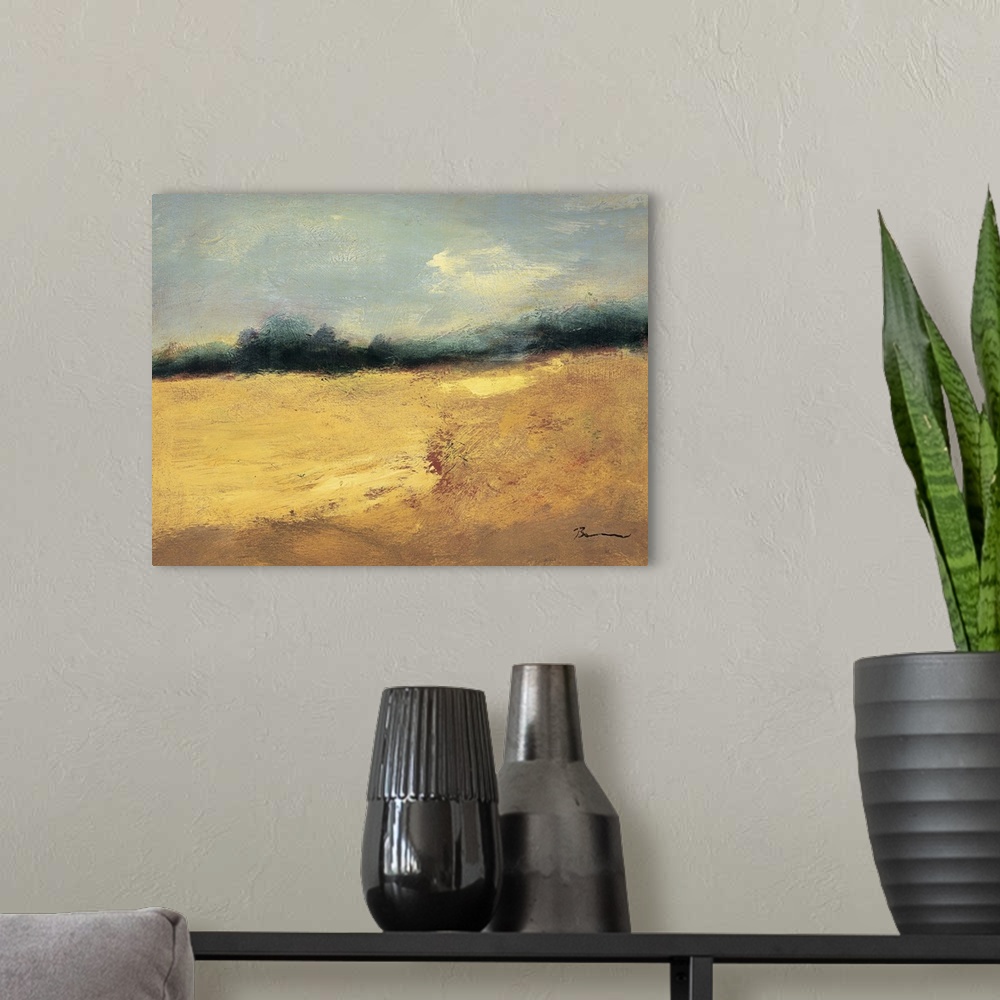 A modern room featuring Contemporary abstract painting resembling a rural landscape.