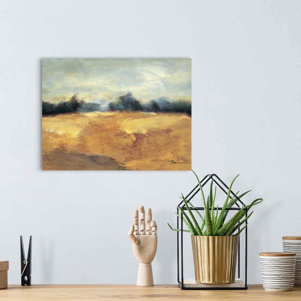 A bohemian room featuring Contemporary abstract painting resembling a rural landscape.