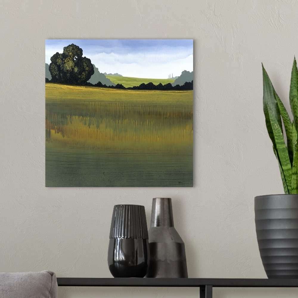 A modern room featuring Square landscape painting with an open field and trees lining the background.