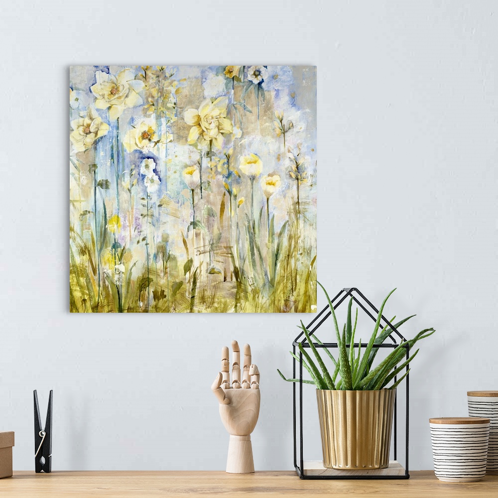 A bohemian room featuring A contemporary painting of a garden of pale yellow flowers.