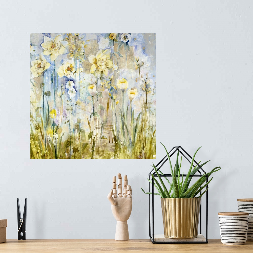 A bohemian room featuring A contemporary painting of a garden of pale yellow flowers.