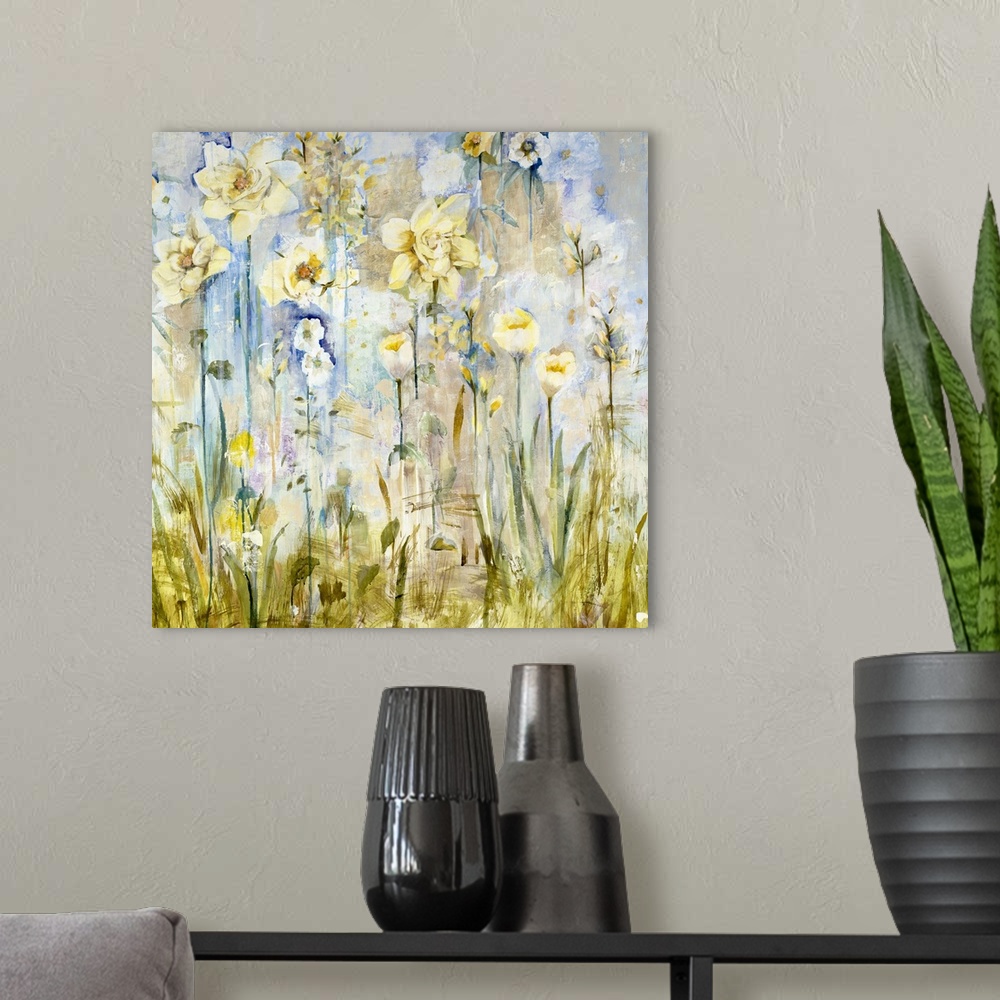 A modern room featuring A contemporary painting of a garden of pale yellow flowers.