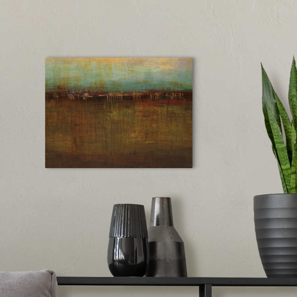 A modern room featuring Contemporary abstract painting of two horizontal bands of color separated by a scratched horizont...
