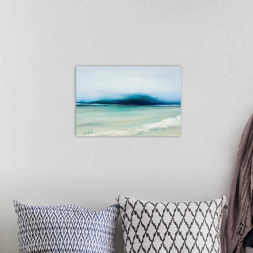 A bohemian room featuring Large abstract painting representing an ocean landscape in shades of blue, beige, and white.