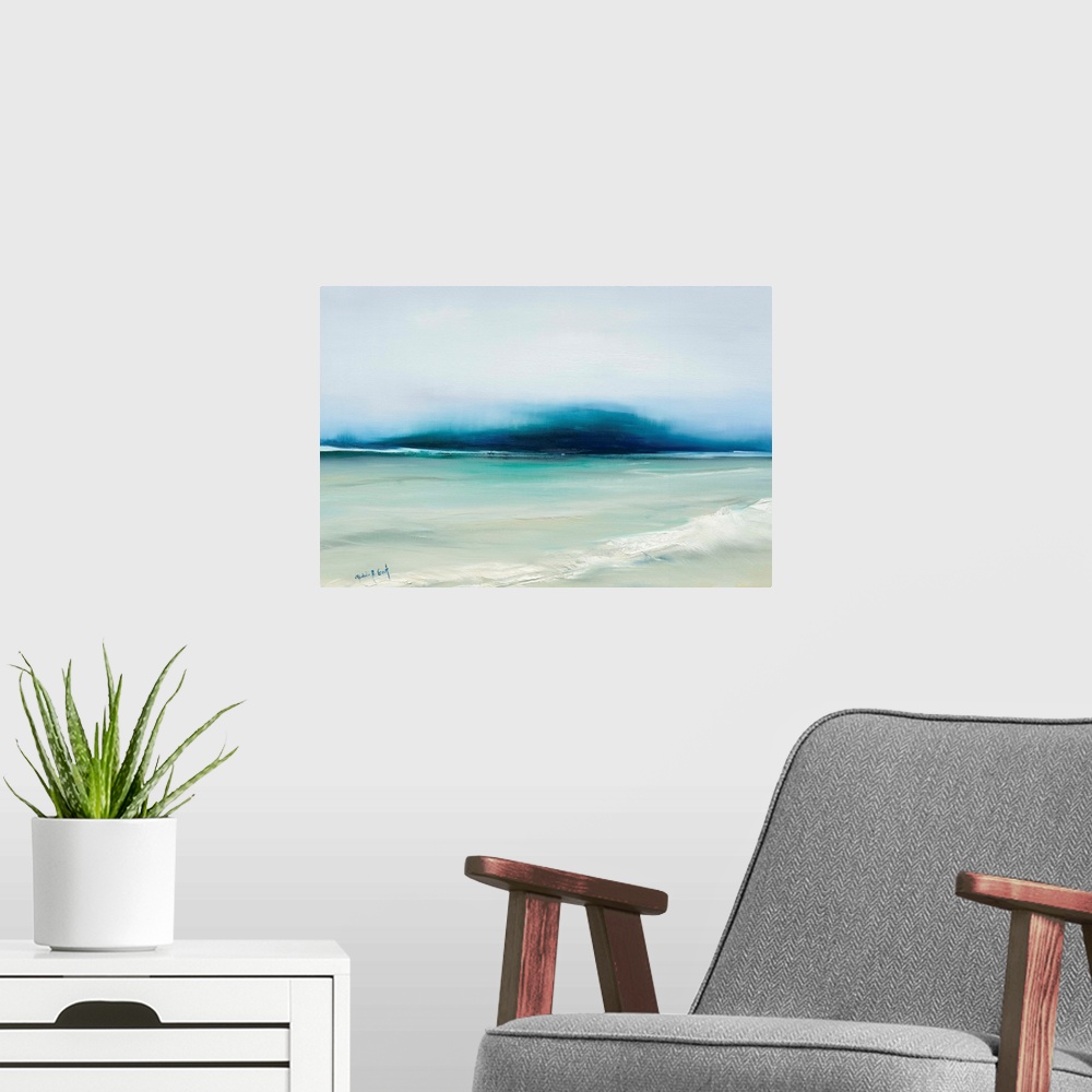 A modern room featuring Large abstract painting representing an ocean landscape in shades of blue, beige, and white.